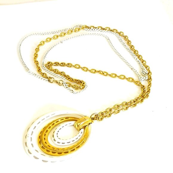 Vintage Three Tier Pendant Necklace 25" White Enamel & Gold Double Layer Chains - Picture 5 of 5